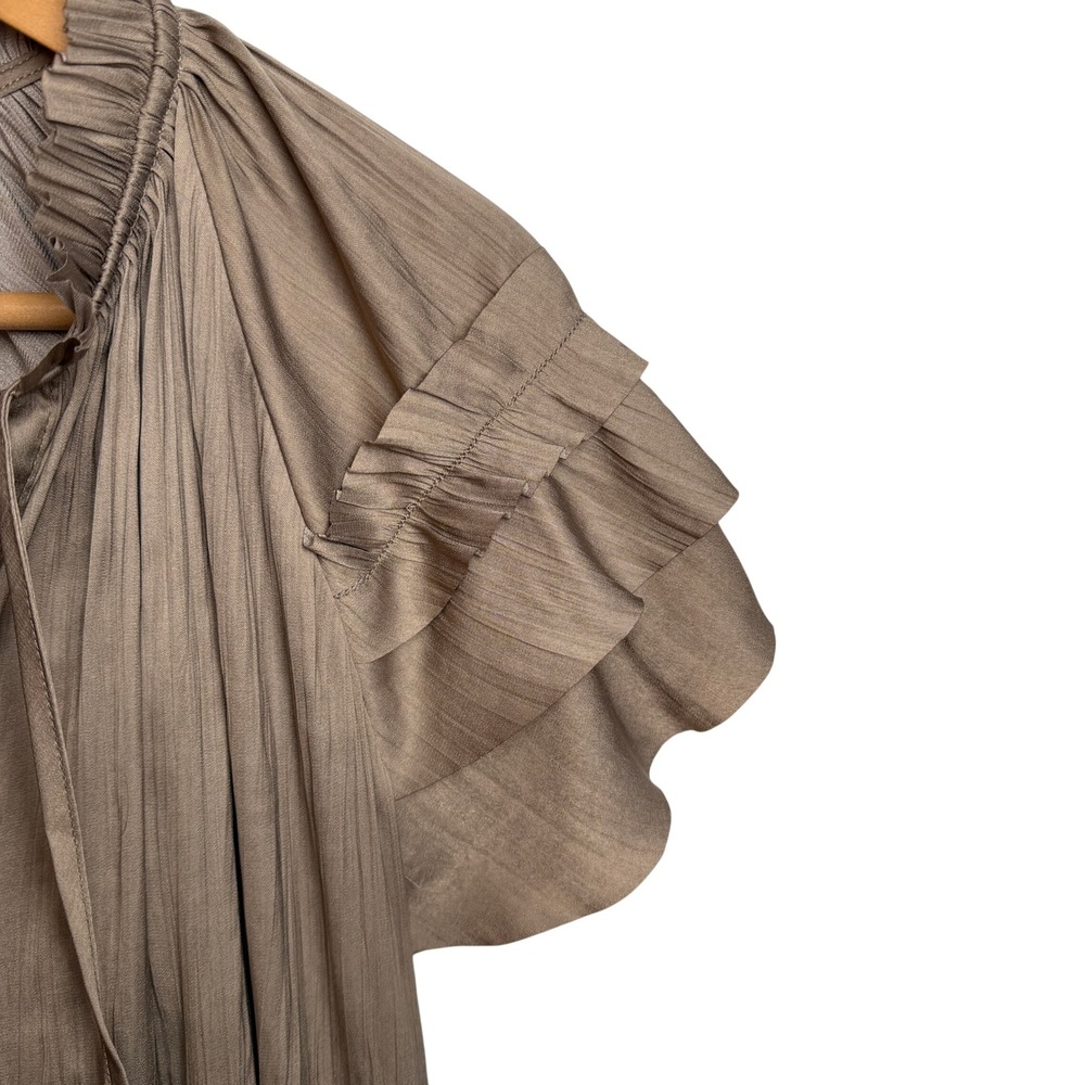 Evereve Pleated Ruffle Sleeve Blouse M Taupe Satin Tie Neck Top Work Travel Chic - Picture 2 of 11